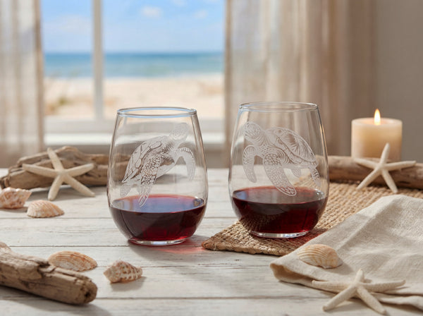 Sea Turtle Stemless Wine  Sand Carved Wine Glasses Set of 2