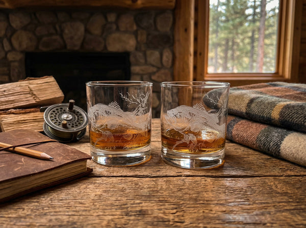 Bass Sand Carved Etched Old Fashion Glasses Set of 2