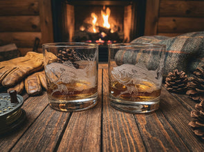 Bass Sand Carved Etched Old Fashion Glasses Set of 2