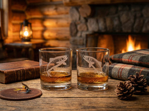 Trout Sand Carved Old Fashion  Glasses Set of 2