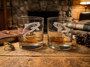 Trout Sand Carved Old Fashion  Glasses Set of 2
