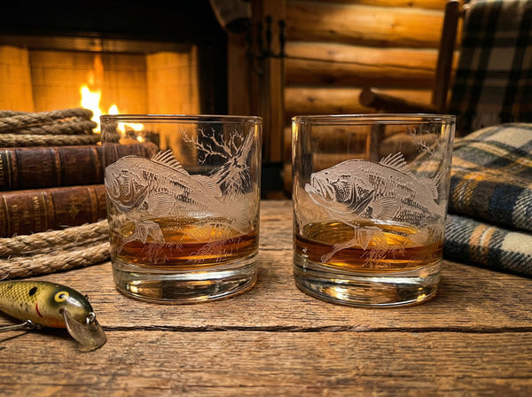 Bass Sand Carved Etched Old Fashion Glasses Set of 2