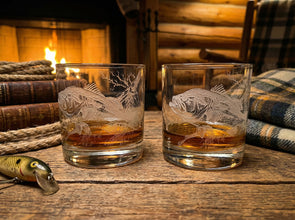 Bass Sand Carved Etched Old Fashion Glasses Set of 2