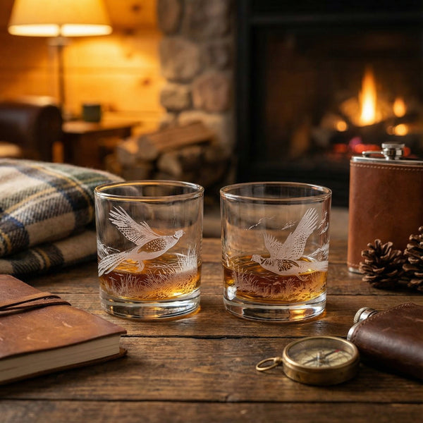 Pheasant Sand Carved Whiskey Glasses Set of 2