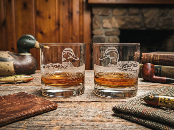 Ducks Inspired Sand Carved Old Fashion Glasses Set of 2