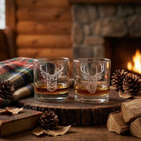 Stag Sand Carved Whiskey Glass Set of 2