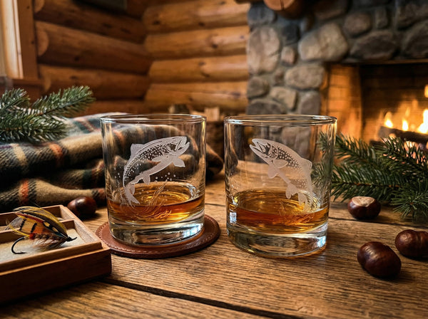 Trout Sand Carved Old Fashion  Glasses Set of 2