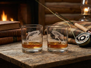 Trout Sand Carved Old Fashion  Glasses Set of 2