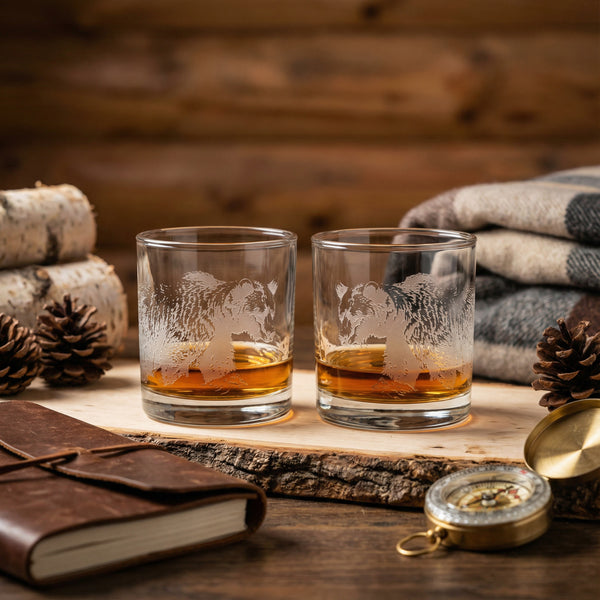 Bear Sand Carved Whiskey Glass Set of 2