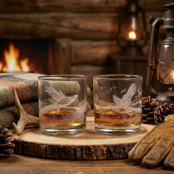 Pheasant Sand Carved Whiskey Glasses Set of 2