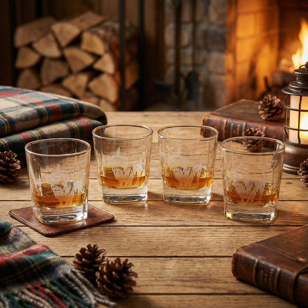 Bison Etched Whiskey Glasses Set of 4