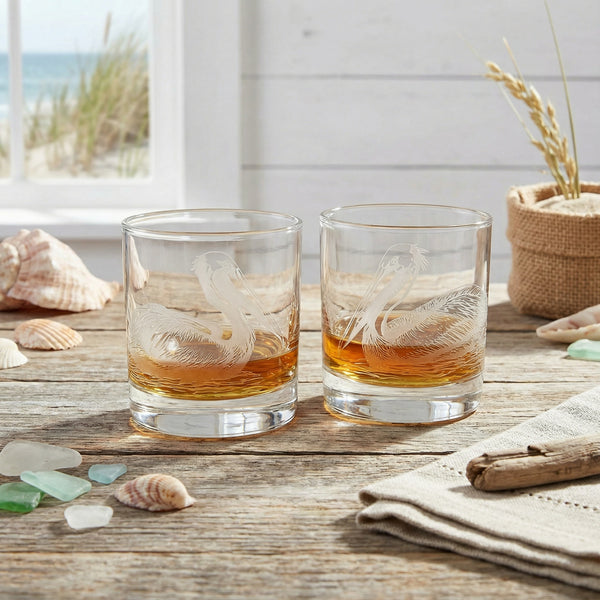 Pelicans Sand Carved Etched Whiskey Glasses Set of 2