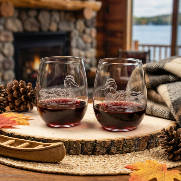 Ducks Sand Carved Stemless Wine Glass Set of 2