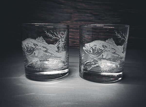 Bass Design Sand Carved Etched Whiskey Glasses