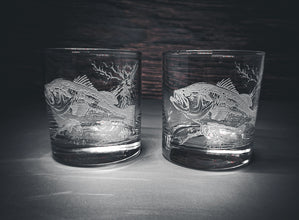 Bass Design Sand Carved Etched Whiskey Glasses