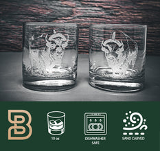 Bison Design Sand Carved Etched  Whiskey Glasses