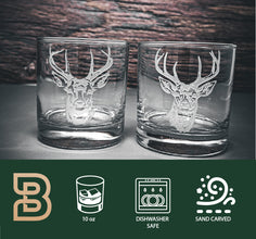 Deer Design Sand Carved Etched Whiskey Glasses