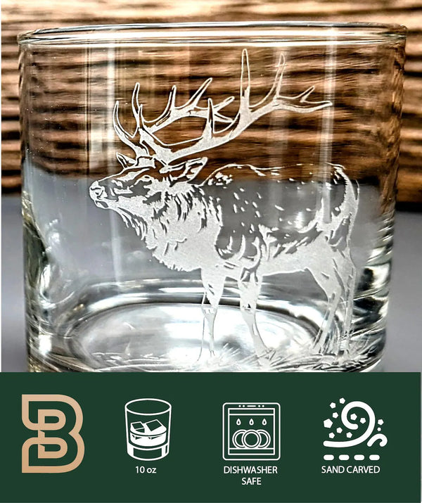 Elk Design Sand Carved Etched Whiskey Glasses