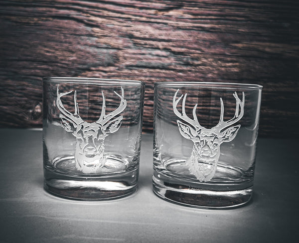 Deer Design Sand Carved Etched Whiskey Glasses