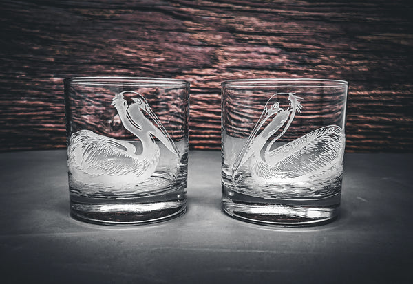 Pelicans  Design Sand Carved Etched Whiskey Glasses
