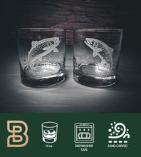 Trout Design Sand Carved Etched Whiskey Glasses