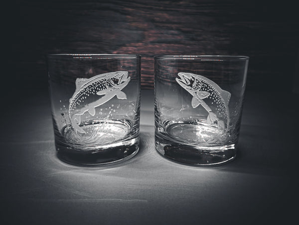 Trout Design Sand Carved Etched Whiskey Glasses
