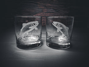 Trout Design Sand Carved Etched Whiskey Glasses