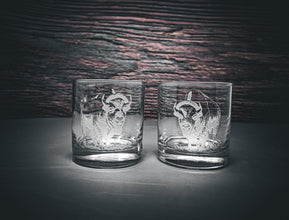 Etched Bison Whiskey Glasses, Hunting Cabin Drinkware