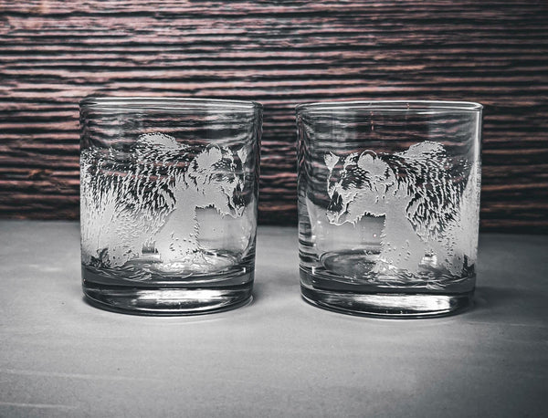 Etched Bear Whiskey Glass Set, Sand-Carved Bar Decor
