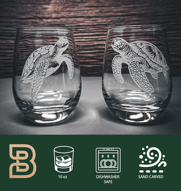 Etched Sea Turtle Stemless Wine Glasses, Beach House Decor
