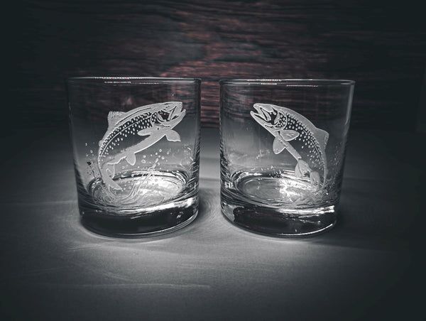 Etched Trout Whiskey Glass Set, Fisherman Gift, Cabin Barware