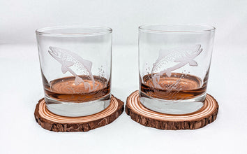 Etched Trout Whiskey Glass Set, Fisherman Gift, Cabin Barware