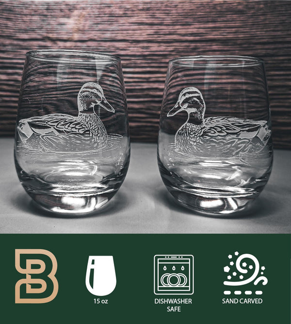 Etched Ducks Stemless Wine Glass, Lake House Barware, Set of 2
