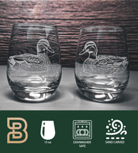 Etched Ducks Stemless Wine Glass, Lake House Barware, Set of 2