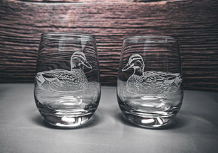 Etched Ducks Stemless Wine Glass, Lake House Barware, Set of 2