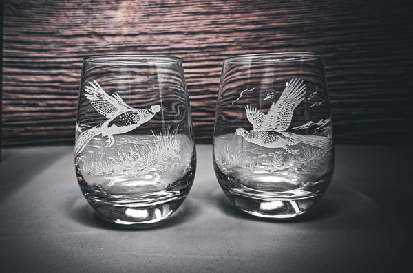 Etched Pheasant Whiskey Glasses, Sand-Carved Stemless Wine Glass Set