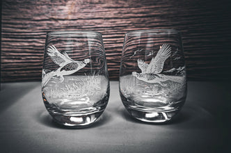 Etched Pheasant Whiskey Glasses, Sand-Carved Stemless Wine Glass Set