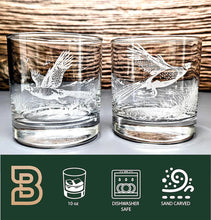 Etched Pheasant Whiskey Glasses, Sand-Carved Forest Scene, Set of 2