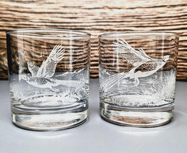 Etched Pheasant Whiskey Glasses, Sand-Carved Forest Scene, Set of 2