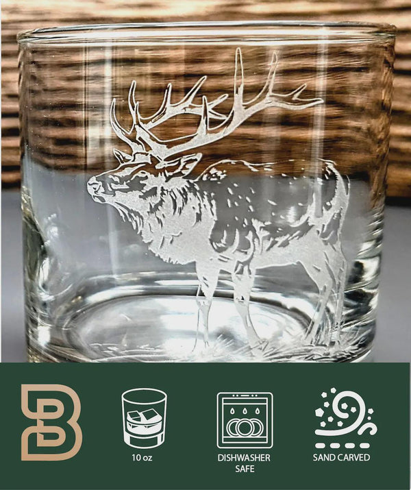 Etched Elk Whiskey Glasses, Sand-Carved Forest Scene, Set of 2