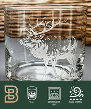Etched Elk Whiskey Glasses, Sand-Carved Forest Scene, Set of 2