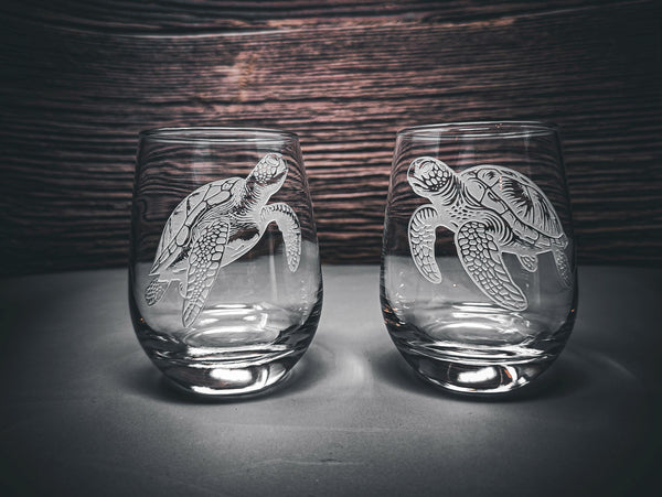 Etched Sea Turtle Stemless Wine Glasses, Beach House Decor