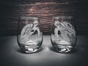 Etched Sea Turtle Stemless Wine Glasses, Beach House Decor