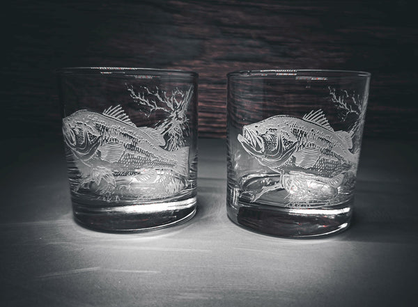 Etched Bass Fish Whiskey Glasses, Fisherman Gift, Set of 2