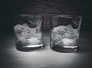 Etched Bass Fish Whiskey Glasses, Fisherman Gift, Set of 2