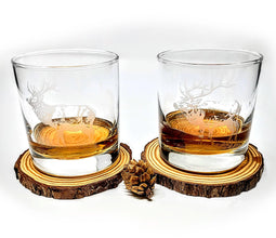 Etched Elk Whiskey Glasses, Sand-Carved Forest Scene, Set of 2