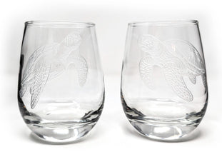 Etched Sea Turtle Stemless Wine Glasses, Beach House Decor