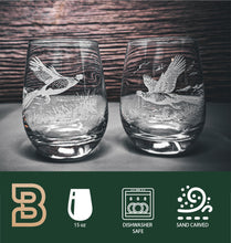 Etched Pheasant Whiskey Glasses, Sand-Carved Stemless Wine Glass Set