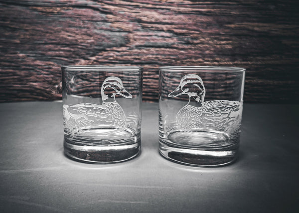 Etched Duck Whiskey Glass, Lead-Free Crystal Scotch Bourbon Glass