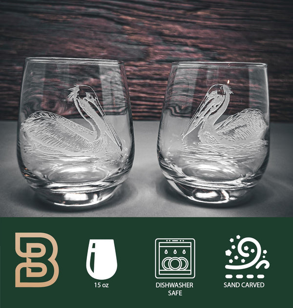 Pelican Wine Glasses, Forest Scene Whiskey Glasses, Wild Life Forest, Cabin & Bar Gift, Gift For Mom, Beach House Set of 2